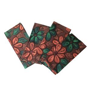 Vintage Mid Century Fabric Napkins Flowers Red Orange Brown Green Set Of 4